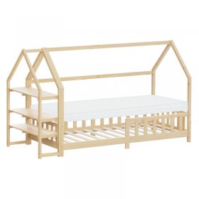 Kinderbett Hausbett 90x200 cm Natur aus Kiefernholz inkl. Matratze H-10cm Rausfallschutz Regal Dach und Lattenrost ML-Design