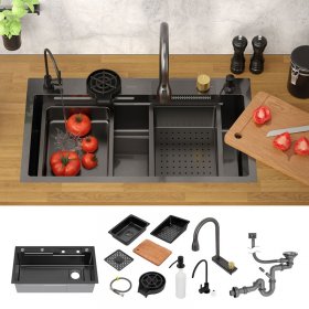 Einbauspüle mit Wasserhahn Komplett Set 8-teilig Anthrazit 80x46 cm aus Edelstahl ML-Design
