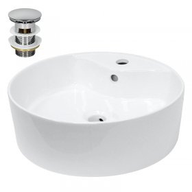 Waschbecken inkl. Ablaufgarnitur Silber mit Überlauf Ø 46x15,5 cm Weiß aus Keramik LuxeBath