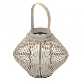 Bambus Laterne, Windlicht H: 42 cm Holzfarbe, Boho Gartenlaterne mit Henkel & Glaseinsatz, Flechtoptik Kerzenhalter