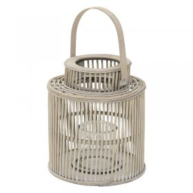 Bambus Laterne, Windlicht H: 40,5 cm Holzfarbe, Boho Gartenlaterne mit Henkel & Glaseinsatz, Flechtoptik Kerzenhalter