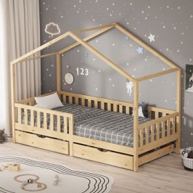 Kinderbett Hausbett mit 2 Schubkasten 90x200 cm Natur aus Kiefernholz mit Rausfallschutz und Lattenrost ML-Design