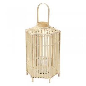 Bambus Laterne, Windlicht H: 75 cm Holzfarbe, Boho Gartenlaterne mit Henkel & Glaseinsatz, Flechtoptik Kerzenhalter