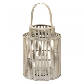 Bambus Laterne, Windlicht H: 48 cm Holzfarbe, Boho Gartenlaterne mit Henkel & Glaseinsatz, Flechtoptik Kerzenhalter