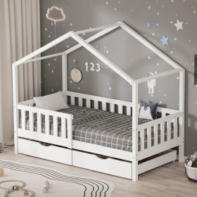 Kinderbett Hausbett mit 2 Schubkasten 80x160 cm Weiß aus Kiefernholz mit Rausfallschutz und Lattenrost ML-Design