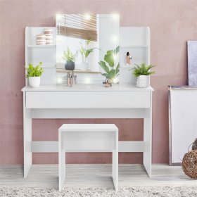 Schminktisch Frisiertisch 108x40x140 cm in Weiß mit Spiegel, LED-Beleuchtung, großer Schublade & Hocker ML-Design
