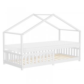 Kinderbett Hausbett 90x200 cm Weiß aus Kiefernholz mit Matratze H:10cm Rausfallschutz und Lattenrost ML-Design