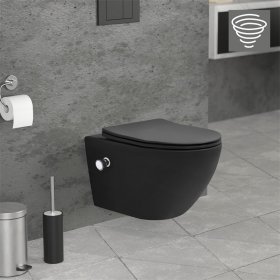 Wand-WC Hänge Toilette aus Keramik Matt Schwarz 54 cm lang Spülrandlos mit Bidet & Softclose Luxebath