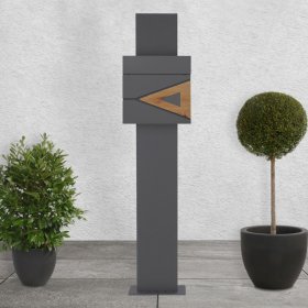Standbriefkasten mit Zeitungsfach 37x36,5x11 cm Anthrazit/Holzoptik aus Stahl ML-Design, Modernes Dreieckiges Design, Standhöhe 120/170 cm Anthrazit