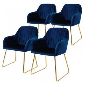 Esszimmerstuhl 4er Set Linierte Steppung mit Rücken- und Armlehnen Blau Küchenstuhl mit Microfaser-Samtbezug & goldenen Metallbeinen ML-Design