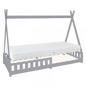 Kinderbett Tipi 90x200 cm Hellgrau aus Kiefernholz inkl. Matratze H-16cm Rausfallschutz und Lattenrost ML-Design