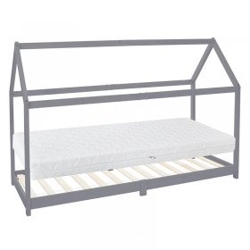 Kinderbett Hausbett 90x200 cm Hellgrau aus Kiefernholz inkl. Matratze H-16cm Holzbett mit Dach und Lattenrost ML-Design