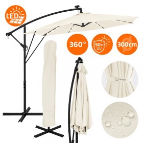 Ampelschirm Ø 300 cm mit LED Solar, Beige 360° Alu Sonnenschirm mit Kurbel, Abdeckung & Ständer ML-Design