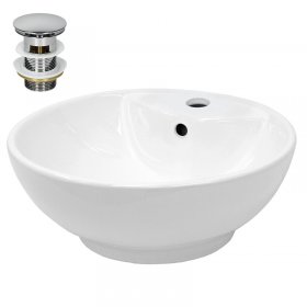 Waschbecken inkl. Ablaufgarnitur Silber mit Überlauf Ø 45,5x18,5 cm Weiß aus Keramik LuxeBath