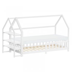 Kinderbett Hausbett 90x200 cm Weiß aus Kiefernholz inkl. Matratze H-10cm Rausfallschutz Regal Dach und Lattenrost ML-Design