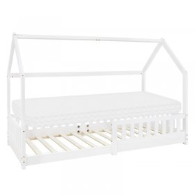 Kinderbett Hausbett 90x200 cm Weiß aus Kiefernholz inkl. Matratze H-10cm Rausfallschutz Dach und Lattenrost ML-Design
