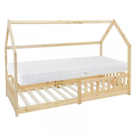 Kinderbett Hausbett 90x200 cm aus Kiefernholz inkl. Matratze H-16cm Rausfallschutz Dach und Lattenrost ML-Design