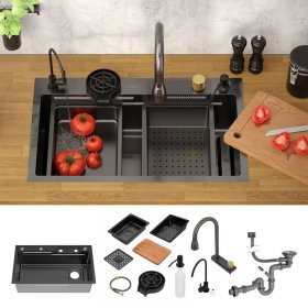Einbauspüle mit Wasserhahn Komplett Set 8-teilig Anthrazit 75x46 cm aus Edelstahl ML-Design Einbauspüle mit Wasserhahn Komplett Set 8-teilig Anthrazit 75x46 cm aus Edelstahl ML-Design