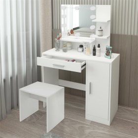 Schminktisch Frisiertisch 90x38x137 cm in Weiß mit LED Beleuchtung, Spiegel, Schublade, Schrank & Hocker ML-Design