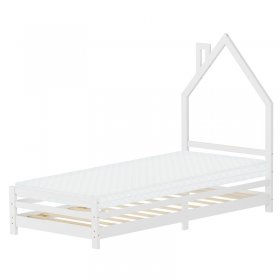 Kinderbett Haus 90x200 cm Weiß mit Matratze H:10cm Holzbett für Kinder mit Lattenrost Schornstein Design ML-Design