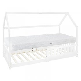 Kinderbett Hausbett 90x200 cm Weiß aus Kiefernholz inkl. Matratze H-16cm Rausfallschutz Dach und Lattenrost ML-Design