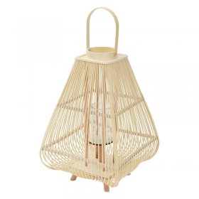 Bambus Laterne, Windlicht H: 73,5 cm Holzfarbe, Boho Gartenlaterne mit Henkel & Glaseinsatz, Flechtoptik Kerzenhalter