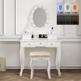 Schminktisch Frisiertisch 80x129x40 cm in Weiß mit LED-Beleuchtung, Spiegel, 5 Schubladen & Hocker ML-Design Schminktisch Frisiertisch 80x129x40 cm in Weiß mit LED-Beleuchtung, Spiegel, 5 Schubladen & Hocker ML-Design