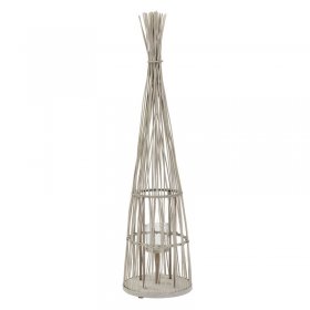 Bambus Laterne, Windlicht H: 91 cm Holzfarbe, Boho Gartenlaterne mit LED-Lichterkette & Glaseinsatz, Flechtoptik Kerzenhalter