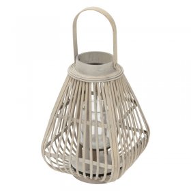 Bambus Laterne, Windlicht H: 42,5 cm Holzfarbe, Boho Gartenlaterne mit Henkel & Glaseinsatz, Flechtoptik Kerzenhalter