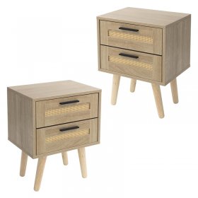 Nachttisch 2er Set 40x50,5x30 cm Eiche-Optik Beistelltisch mit 2 Schubladen und Rattanfront & Massivholzfüßen ML-Design Nachttisch 2er Set 40x50,5x30 cm Eiche-Optik Beistelltisch mit 2 Schubladen und Rattanfront & Massivholzfüßen ML-Design