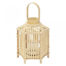 Bambus Laterne, Windlicht H: 45 cm Holzfarbe, Boho Gartenlaterne mit Henkel & Glaseinsatz, Flechtoptik Kerzenhalter