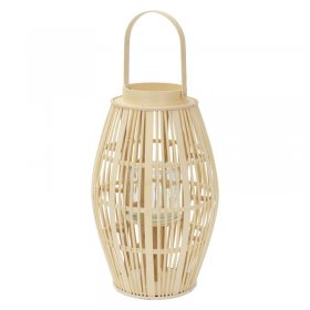 Bambus Laterne, Windlicht H: 63 cm Holzfarbe, Boho Gartenlaterne mit Henkel & Glaseinsatz, Flechtoptik Kerzenhalter