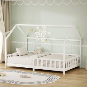 Kinderbett Hausbett 120x200 cm aus Kiefernholz Weiß mit Rausfallschutz Dach und Lattenrost Holzbett ML-Design Kinderbett Hausbett 120x200 cm aus Kiefernholz Weiß mit Rausfallschutz Dach und Lattenrost Holzbett ML-Design