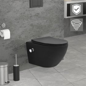 Wand-WC Hänge Toilette aus Keramik Matt Schwarz 54 cm lang Spülrandlos mit Bidet, Nanoversiegelung & Softclose Luxebath