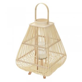 Bambus Laterne, Windlicht H: 63,5 cm Holzfarbe, Boho Gartenlaterne mit Henkel & Glaseinsatz, Flechtoptik Kerzenhalter