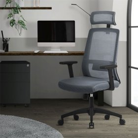 Ergonomischer Bürostuhl Grau Netzgewebe mit verstellbaren Armlehnen und Kopfstütze ML-Design