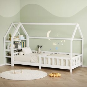Kinderbett Hausbett 90x200 cm aus Kiefernholz Weiß mit Rausfallschutz Regal Dach und Lattenrost Holzbett ML-Design Kinderbett Hausbett 90x200 cm aus Kiefernholz Weiß mit Rausfallschutz Regal Dach und Lattenrost Holzbett ML-Design