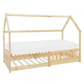 Kinderbett Hausbett 90x200 cm aus Kiefernholz inkl. Matratze H-10cm Rausfallschutz Dach und Lattenrost ML-Design