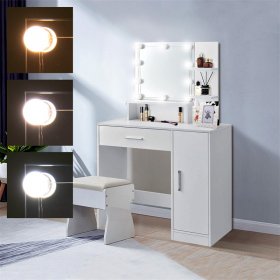Schminktisch Frisiertisch 90x38x137 cm in Weiß mit LED Beleuchtung, Spiegel, Schublade, Schrank & 3 Ablagen ML-Design