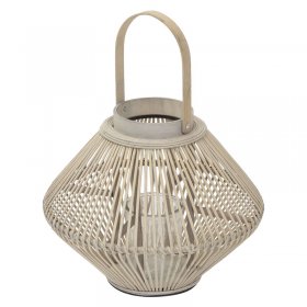 Bambus Laterne, Windlicht H: 47 cm Holzfarbe, Boho Gartenlaterne mit Henkel & Glaseinsatz, Flechtoptik Kerzenhalter