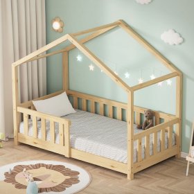 Kinderbett Hausbett 70x140 cm Natur aus Kiefernholz Holzbett mit Rausfallschutz und Lattenrost ML-Design Kinderbett Hausbett 70x140 cm Natur aus Kiefernholz Holzbett mit Rausfallschutz und Lattenrost ML-Design