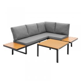 Gartenmöbel Set Loungegarnitur 3-Teilig Grau-Holzoptik wetterfest Sitzgruppe frei kombinierbar aus Stahl ML-Design