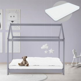 Kinderbett Hausbett 70x140 cm Hellgrau aus Kiefernholz inkl. Matratze H-10cm Holzbett mit Dach und Lattenrost ML-Design Kinderbett Hausbett 70x140 cm Hellgrau aus Kiefernholz inkl. Matratze H-10cm Holzbett mit Dach und Lattenrost ML-Design