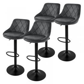 4er Set Barhocker Grau Samtbezug mit Rückenlehne und Fußstütze höhenverstellbar 62-82cm ML-Design