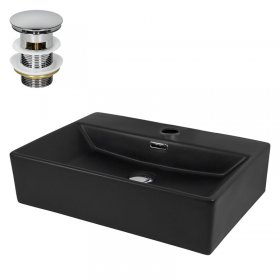 Waschbecken inkl. Ablaufgarnitur Silber mit Überlauf 51,5x36x13 cm Schwarz aus Keramik LuxeBath