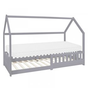 Kinderbett Hausbett 90x200 cm Hellgrau aus Kiefernholz inkl. Matratze H-10cm Rausfallschutz Dach und Lattenrost ML-Design