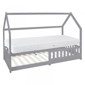 Kinderbett Hausbett 90x200 cm Hellgrau aus Kiefernholz inkl. Matratze H-16cm Rausfallschutz Dach und Lattenrost ML-Design