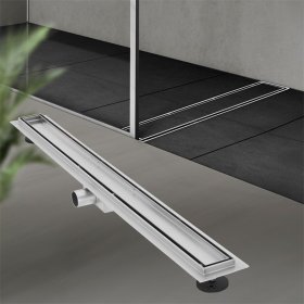 Edelstahl Duschrinne befliesbar 90 cm und Siphon Komplettset Silber flach LuxeBath