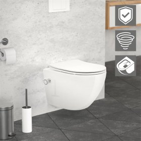 Wand-WC Hänge Toilette aus Keramik 49 cm lang Spülrandlos mit Bidet, Nanoversiegelung & Softclose Luxebath
