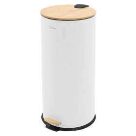 Mülleimer 30L rund mit Fußpedal, Weiß, Stahl, Treteimer mit Bambusdeckel Softclose ML-Design